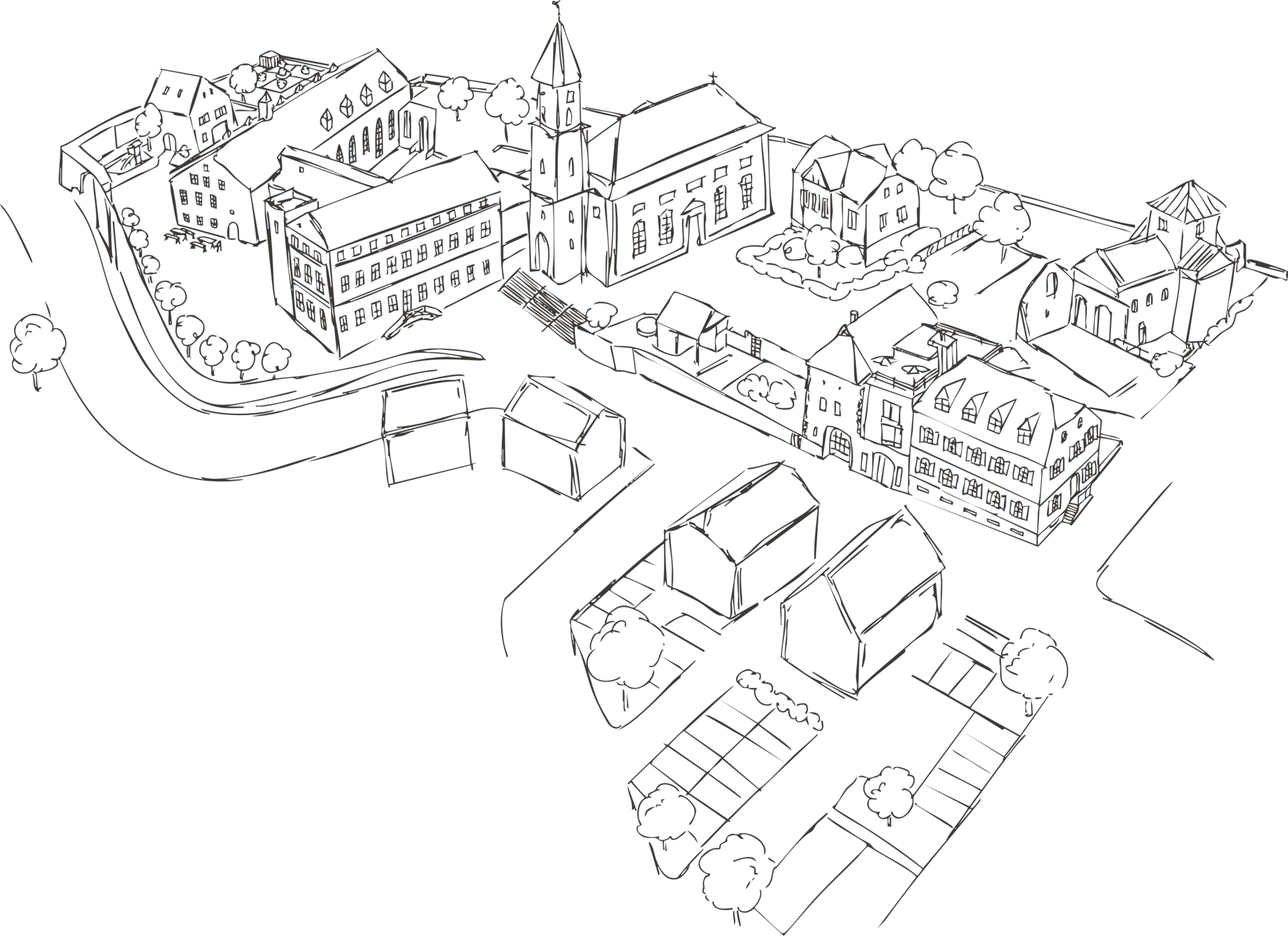 Treffpunkt, Kraftplatz und Hotel in Hornbach Isometrische schwarze Skizze eines Stadtteils mit Gebäuden und Straßen