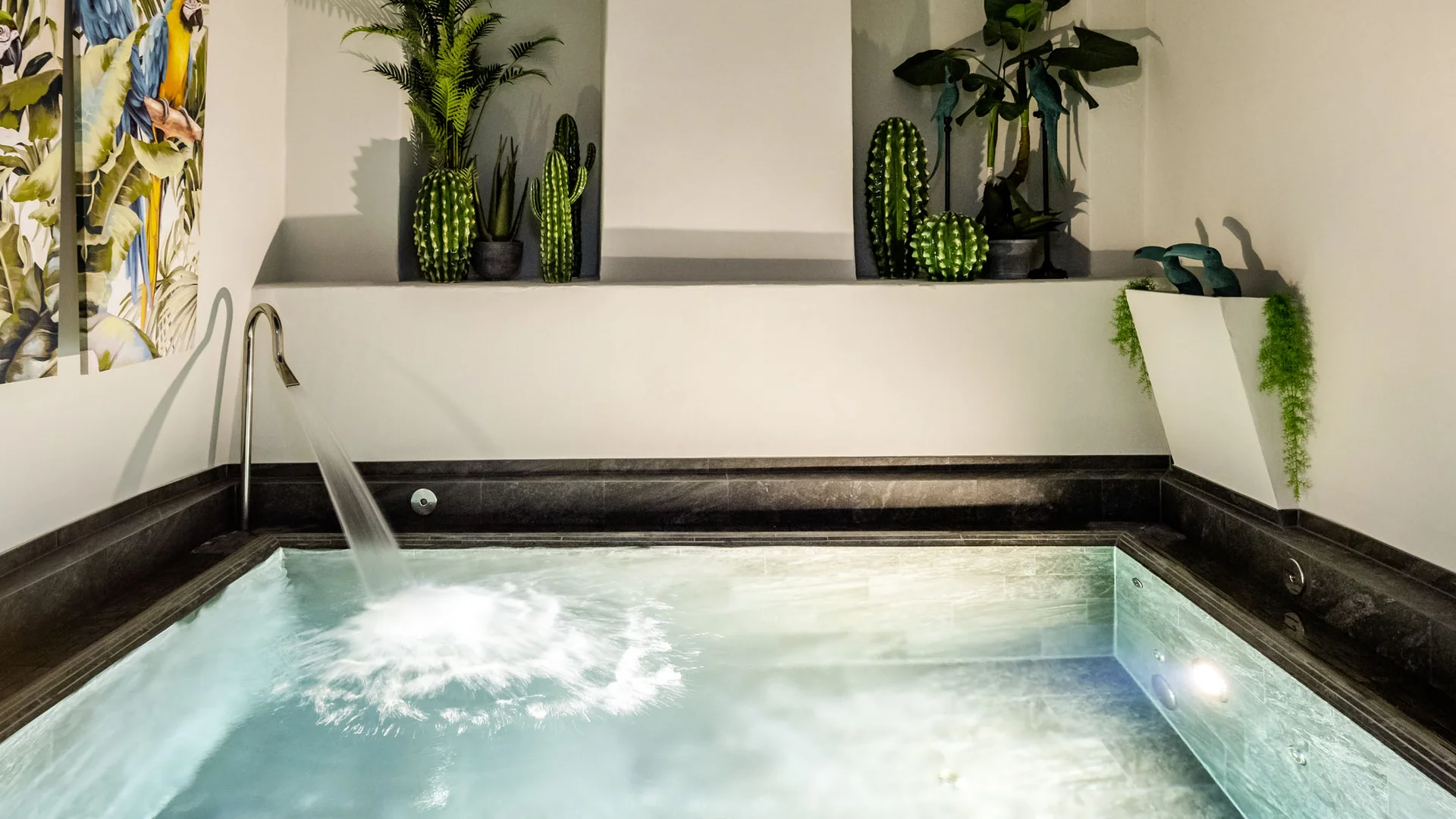 Treffpunkt, Kraftplatz und Hotel in Hornbach Innenwhirlpool mit Wasserfall und grünen Pflanzen in modernem Raum