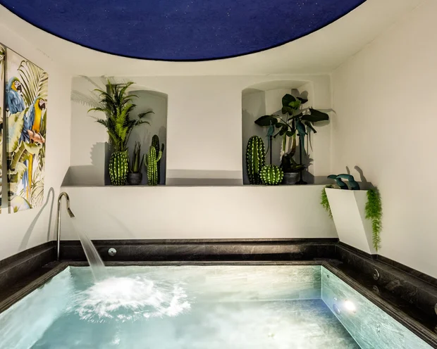 Wellness im Kloster in Deutschland Innenwhirlpool mit Wasserfall und grünen Pflanzen in modernem Raum