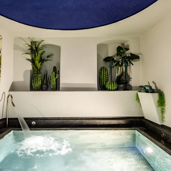 Inklusivleistungen im Kloster Hornbach und im Lösch Innenwhirlpool mit Wasserfall und grünen Pflanzen in modernem Raum