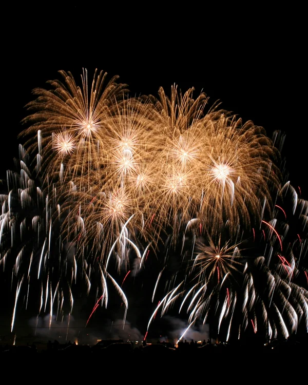 Weihnachten im Kloster Hornbach Goldene und weiße Feuerwerkskörper vor schwarzem Nachthimmel