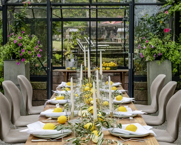 Our venue, your dream wedding Long dining table set with lemons, candles, and greenery in a glass greenhouse