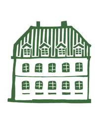 Kloster Hornbach: Ihre Ansprechperson für Medienanfragen Grün gezeichnetes Fachwerkhaus mit mehreren Fenstern und zwei Schornsteinen