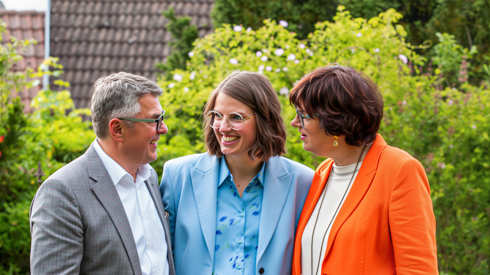 Ihre Gastgeber im Kloster Hornbach Drei lächelnde Erwachsene in farbigen Anzügen im Garten stehend