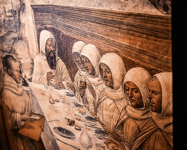 Ihre Gastgeber im Kloster Hornbach Historisches Gemälde von Mönchen beim Essen an einem langen Tisch